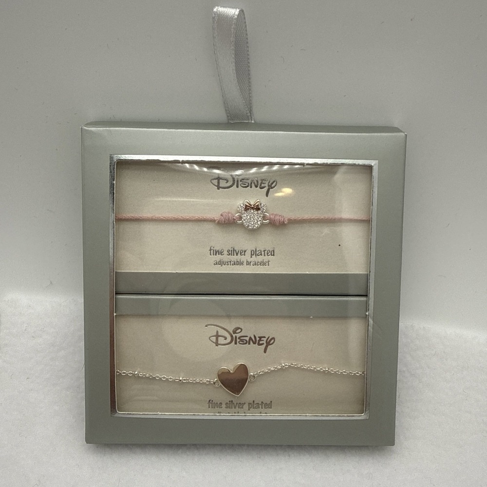 Disney Silver Plated Adjustable Cable Chain Bracelet Set Minnie & Heart Charms
